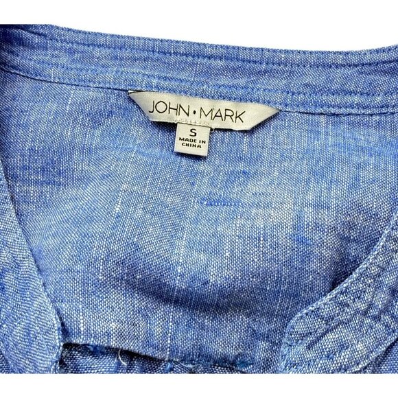 John Mark Linen V-Neck Blouse Long Roll Tab Sleeves Tie Waist Blue Resort Size S - Picture 8 of 11